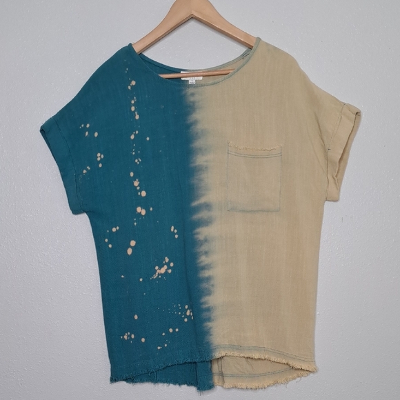Umgee Splatter Dip Dye Short-slv Linen Cotton Top Boho Relaxed Fit Size S - Picture 2 of 16